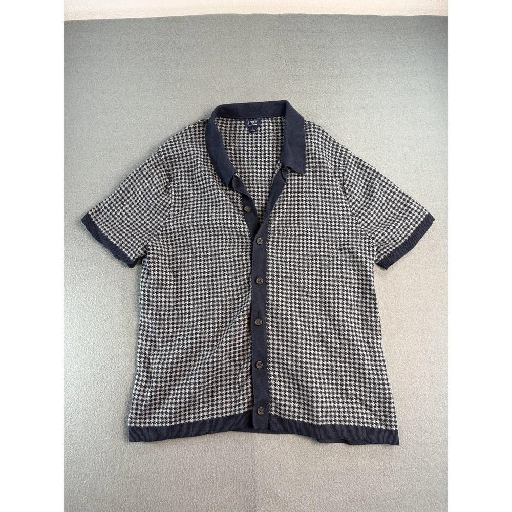 J.Crew Sweater Mens L Blue Houndstooth Knit Short Sleeve Button Cardigan